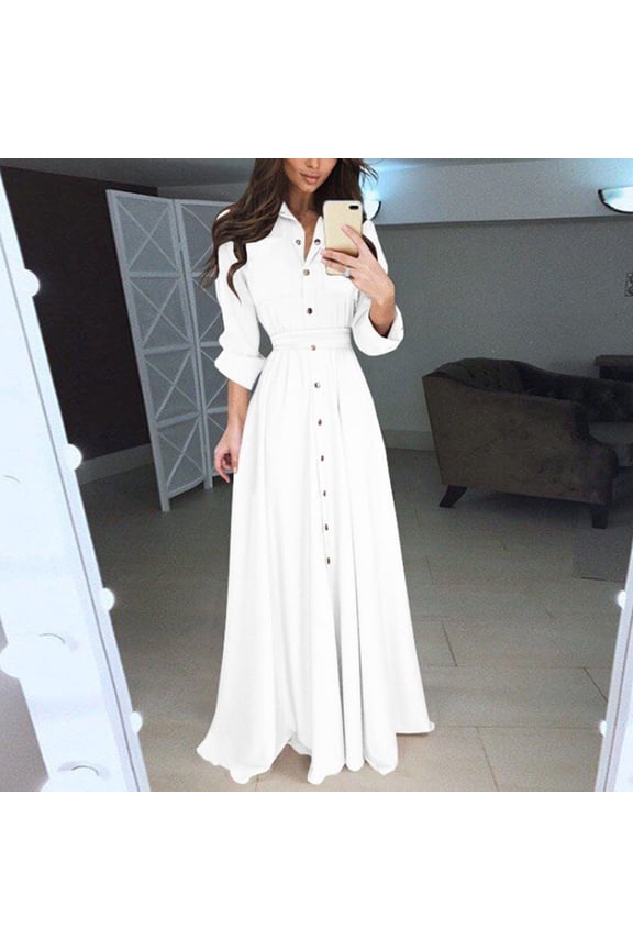 Women's Fall Dresses 2024 Casual Long Sleeve Button Down Lapel Oversized Shirt Dresses with Pockets Cocktail Party Maxi Long Dresses Elegant Wedding Guest Dress
