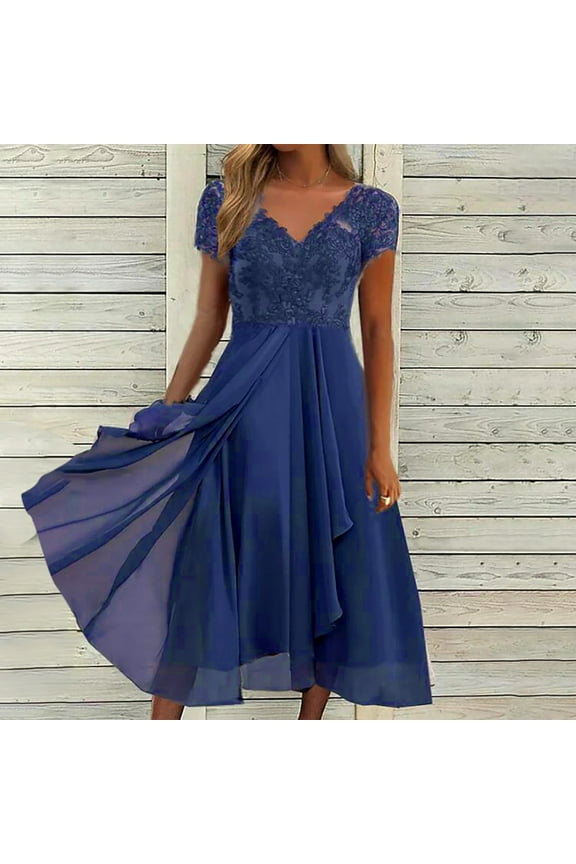 Women's Floral Chiffon Dress Short Mesh Sleeve V Neck Boho Flowy Midi Dress Summer Beach A-Line Cocktail Party Dress Wedding Guest Dresses
