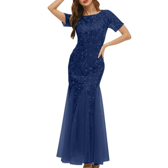 TMOYZQ Women's Formal Dresses Elegant Sequin Floor Length Formal Dresses Crew Neck Short Sleeve Tulle Mermaid Long Evening Cocktails Party Dress