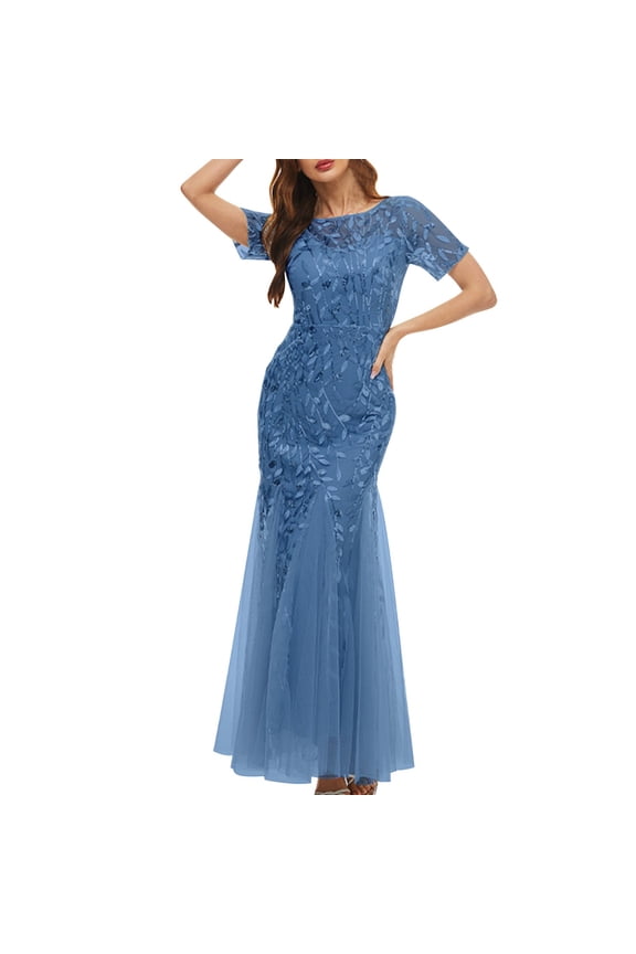 Women's Formal Dresses Elegant Sequin Floor Length Formal Dresses Crew Neck Short Sleeve Tulle Mermaid Long Evening Cocktails Party Dress