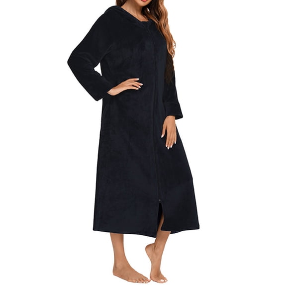 TMOYZQ Women's Full Length Hooded Fleece Bathrobe Zip Up Flannel Robes Winter Warm Thick Housecoat Pajama Dress Nightgown Soft Comfy Long Nighties Sleepwear Homewear