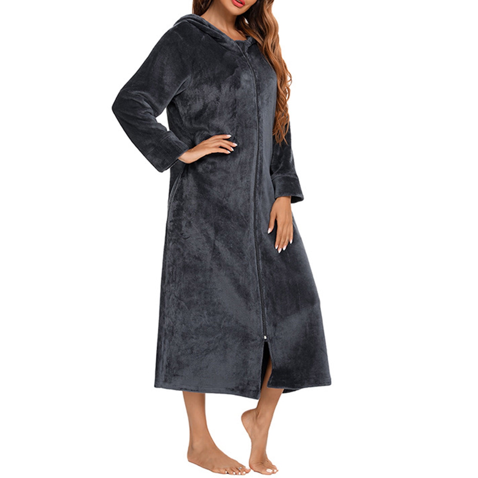 TMOYZQ Women's Full Length Hooded Fleece Bathrobe Zip Up Flannel Robes ...