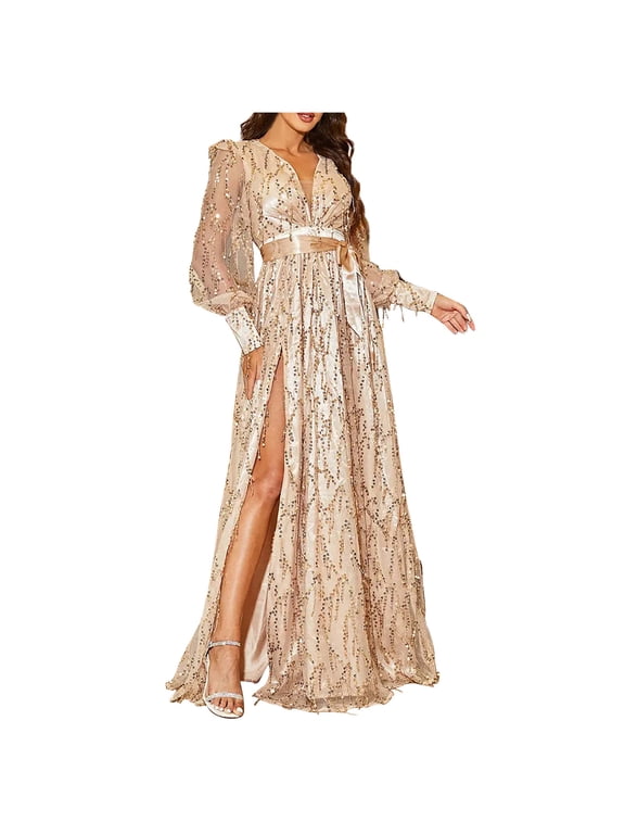 Women's Glitter Sparkly Sequin Evening Gowns Mesh Long Sleeve V Neck High Slit Maxi Long Dress Formal Dresses Party Cocktail Dresses Prom Dresses 2024