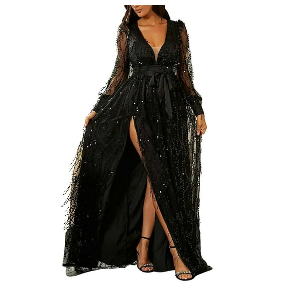 TMOYZQ Women's Glitter Sparkly Sequin Evening Gowns Mesh Long Sleeve V Neck High Slit Maxi Long Dress Formal Dresses Party Cocktail Dresses Prom Dresses 2024
