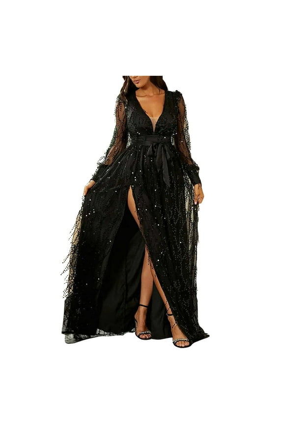 Women's Glitter Sparkly Sequin Evening Gowns Mesh Long Sleeve V Neck High Slit Maxi Long Dress Formal Dresses Party Cocktail Dresses Prom Dresses 2024