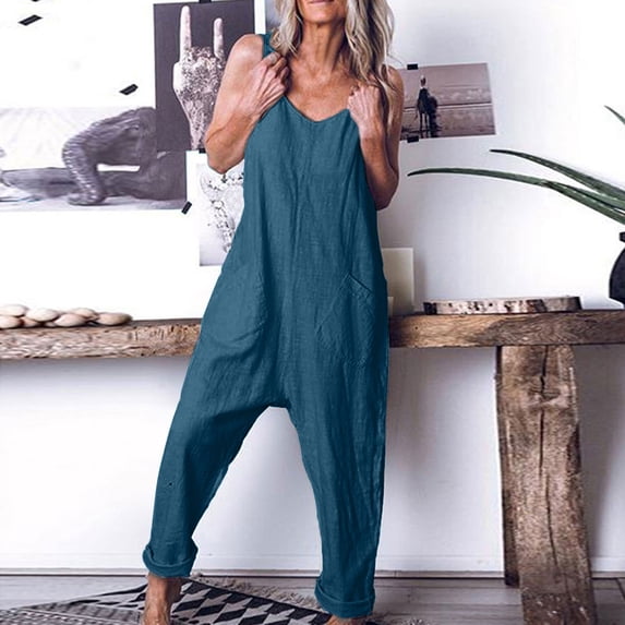 TMOYZQ Women's Jumpsuits Cotton Linen V Neck Sleeveless Spaghetti Straps Harem Long Pants Overalls Summer Casual Loose Rompers with Pockets