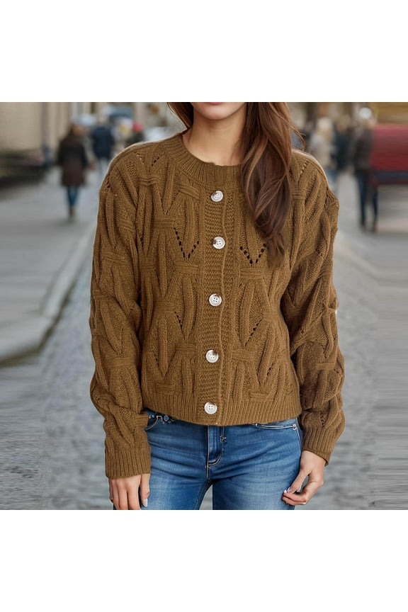 Women's Knit Cardigan Sweaters Casual Long Sleeve Crew Neck Sweater Vintage Button Down Open Front Cut Out Sweater on Clearance