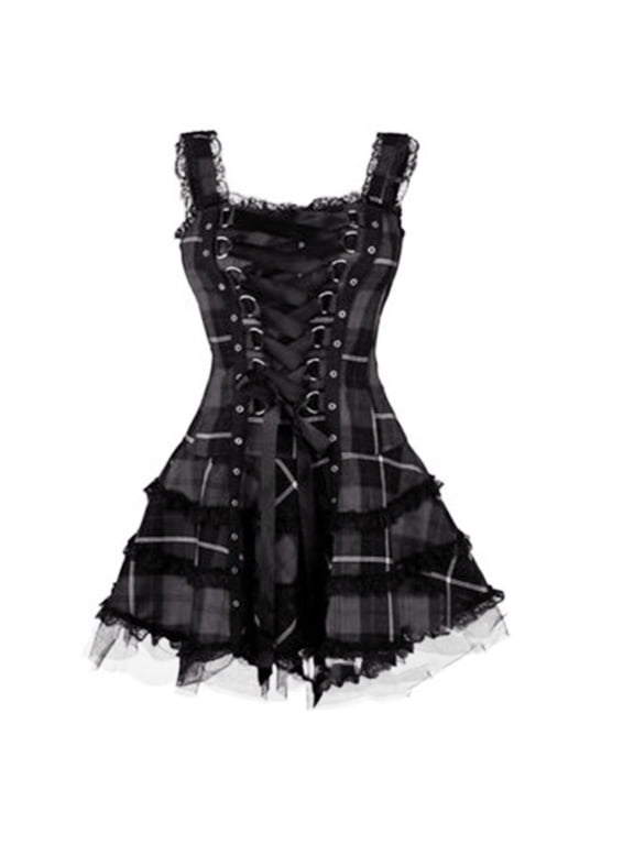 Women's Lace Trim Plaid Sleeveless Lace-Up Corset A-Line Mini Dress Gothic Short Dress Club Party Cocktail Dresses Halloween Steampunk Clubwear