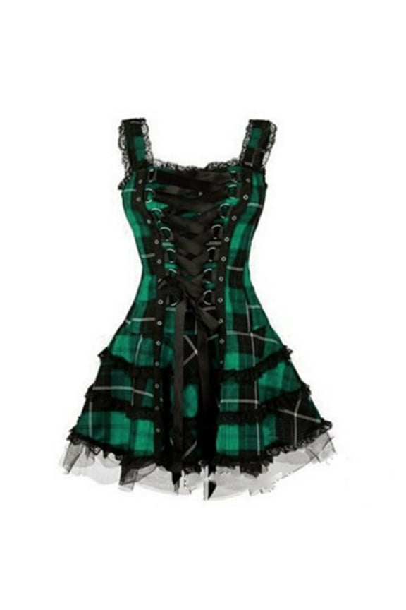 Women's Lace Trim Plaid Sleeveless Lace-Up Corset A-Line Mini Dress Gothic Short Dress Club Party Cocktail Dresses Halloween Steampunk Clubwear