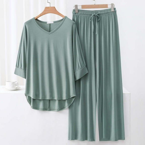 TMOYZQ Women's Loungewear Sets 2 Piece Pajama Sets Matching Outfits T-shirt Long Pants Solid Color Soft Lounge Set Sweatsuits