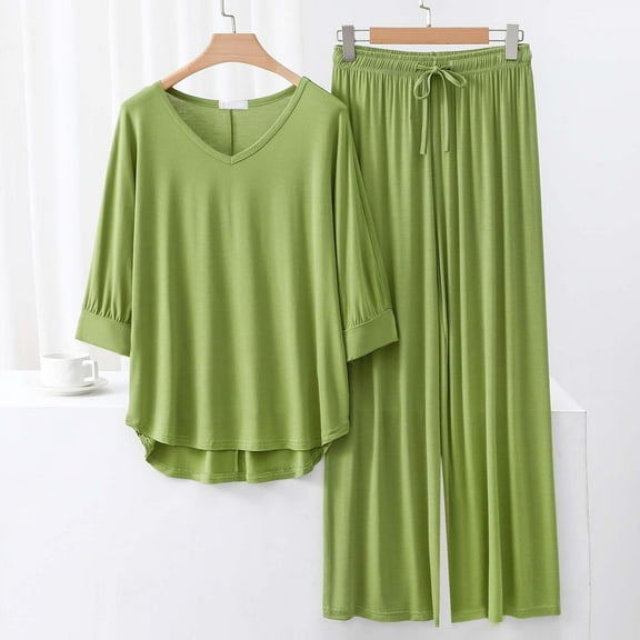TMOYZQ Women's Loungewear Sets 2 Piece Pajama Sets Matching Outfits T-shirt Long Pants Solid Color Soft Lounge Set Sweatsuits