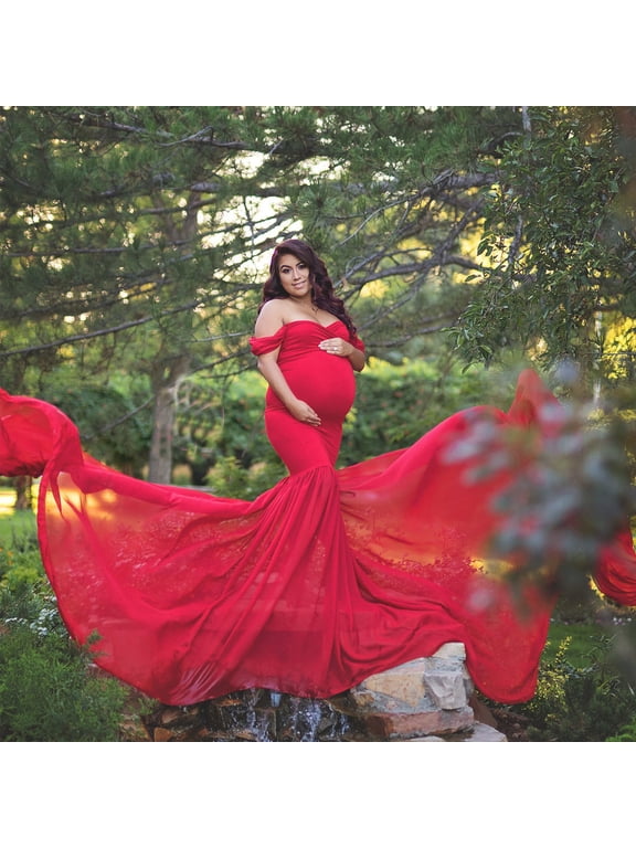 Women's Maternity Mermaid Chiffon Gown Off Shoulder Dropped Sleeve V Neck Photo Shoot Solid Bodycon Maxi Dress for Baby Shower Photography Props