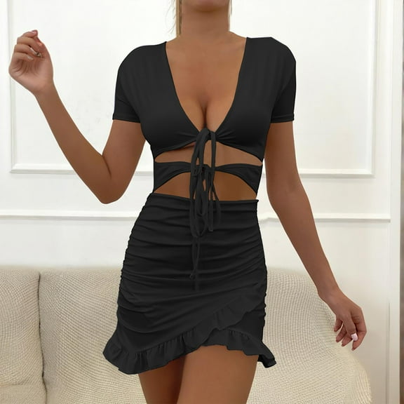 TMOYZQ Women's Mini Tie Front Cut Out Ruffle Mini Dress V Neck Short Sleeve Bodycon Dresses