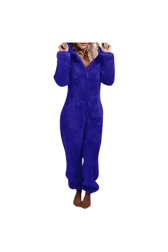 Women's Onesies Adult Pajamas, Cute Ear Hooded One Piece Flannel Rompers Jumpsuit Bodysuits Winter Warm Thermal Overalls Sleepwear Loungewear