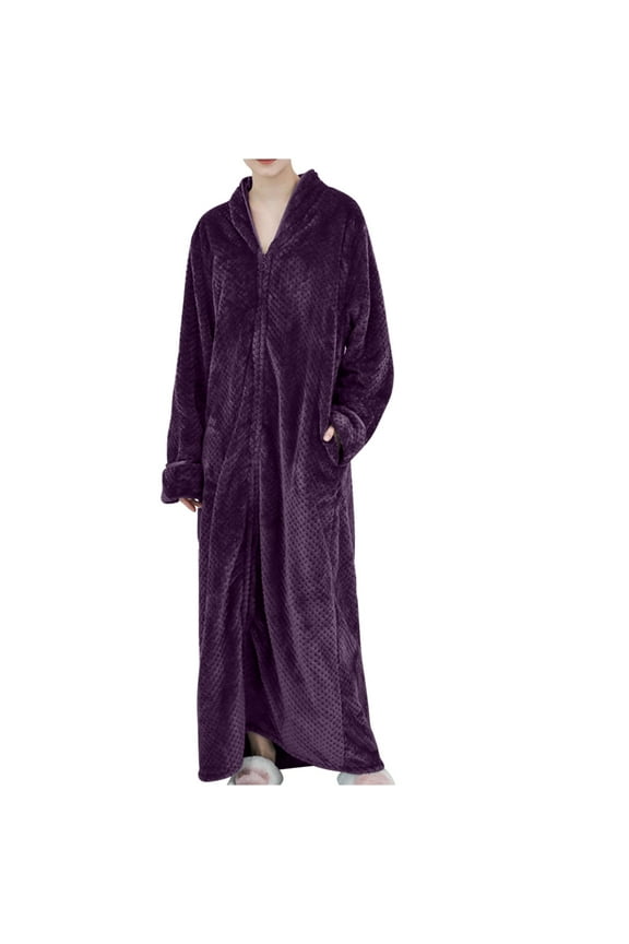 Women's Oversized Fleece Bathrobe Zip Up Full-Length Soft Plush Robes Winter Warm Thick Housecoat Nightgown Soft Comfy Long Nighties Sleepwear Homewear with Pockets
