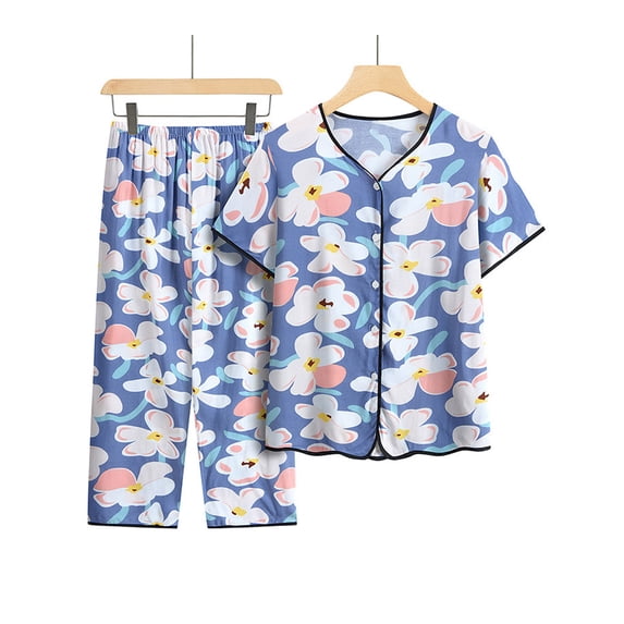 TMOYZQ Women's Pajama Sets Short Sleeve Button Down Tops with Capri Pants Sleepwear Flower Printed Casual Loose Fit 2 Piece Loungewear Set