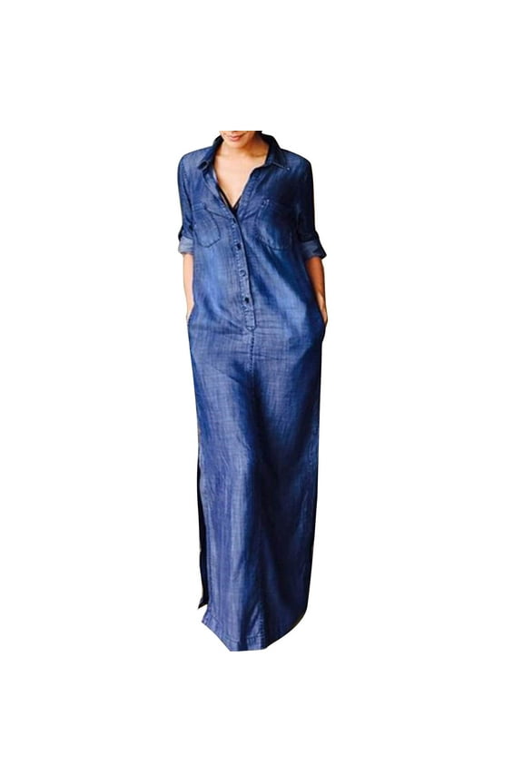 Women's Plus Size Button Down Lapel Denim Maxi Shirt Dress Casual Loose Rolled Up Sleeve Side Split Long Jean Dresses with Pockets Beach Cover Ups