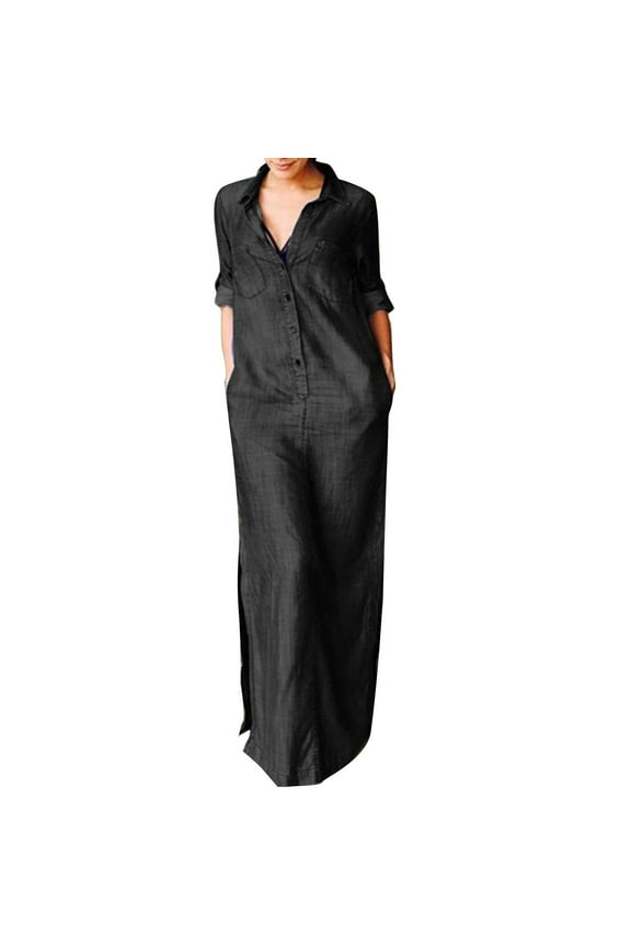 Women's Plus Size Button Down Lapel Denim Maxi Shirt Dress Casual Loose Rolled Up Sleeve Side Split Long Jean Dresses with Pockets Beach Cover Ups