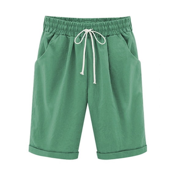 TMOYZQ Women's Plus Size Casual Comfy Cotton Linen Shorts Solid Color Elastic Waist Drawstring Loose Shorts Ladies Summer Knee Length Beach Pants Lightweight Lounge Pants with Pockets