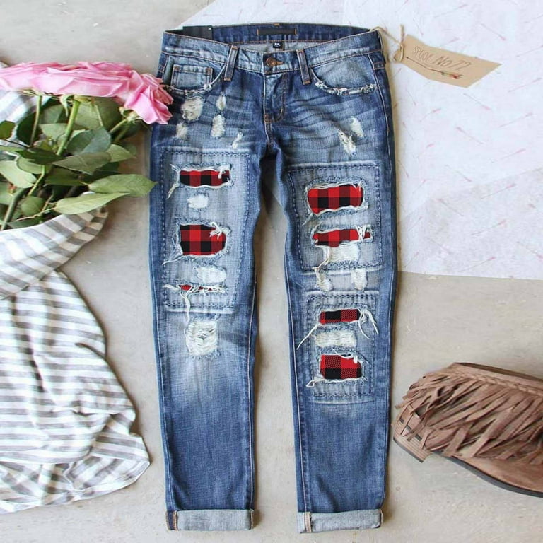 Casual Patchwork Ripped Pocket Zipper Straight Denim Jeans Casual Patchwork Ripped Pocket Zipper Straight Denim Jeans