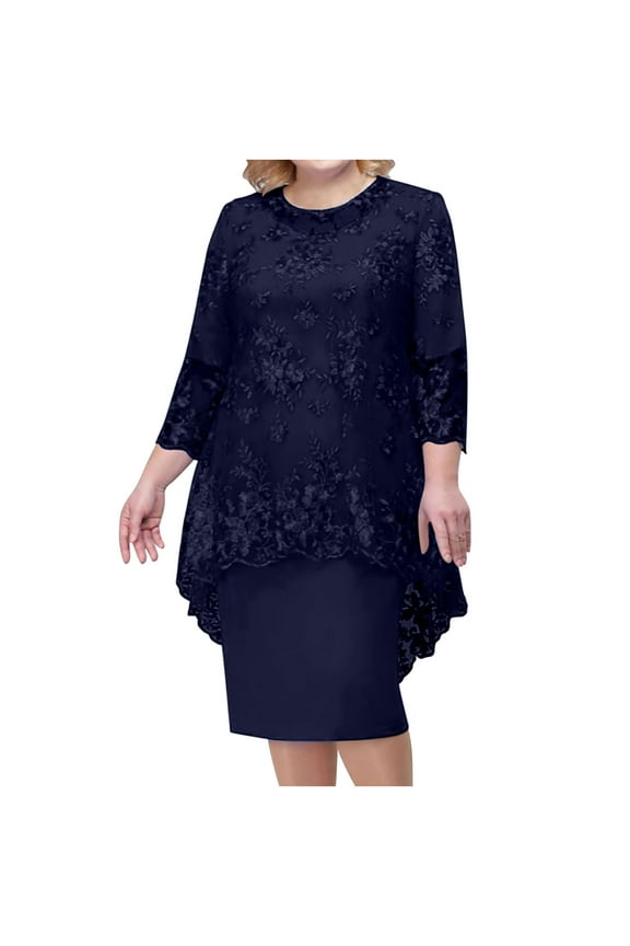 TMOYZQ Women's Plus Size Lace Tulle Bodycon Midi Dress Round Neck 3/4 Sleeve Elegant Work Office Pencil Dress Cocktail Party Dress Wedding Guest Dresses