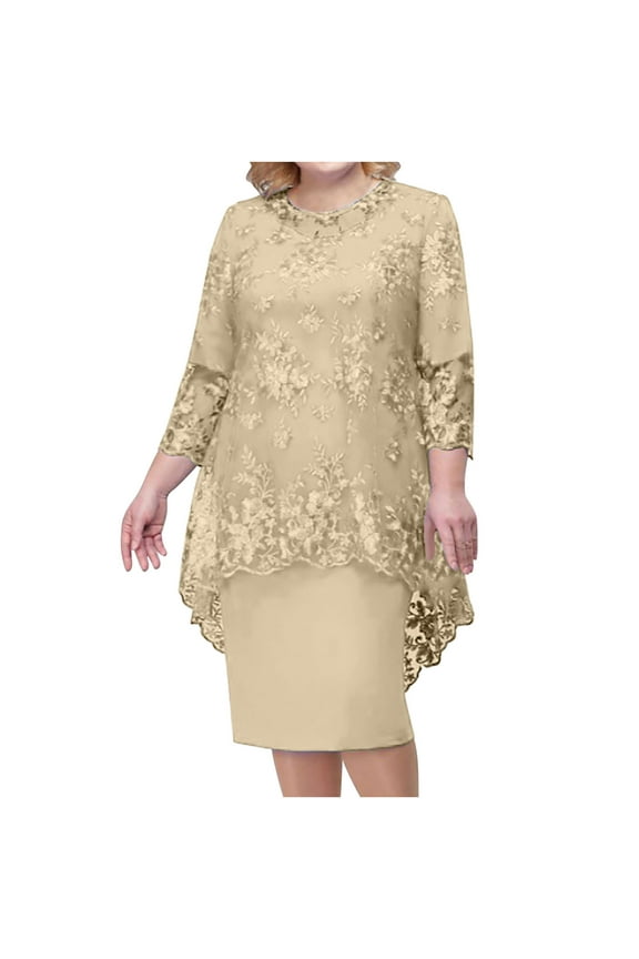 Women's Plus Size Lace Tulle Bodycon Midi Dress Round Neck 3/4 Sleeve Elegant Work Office Pencil Dress Cocktail Party Dress Wedding Guest Dresses