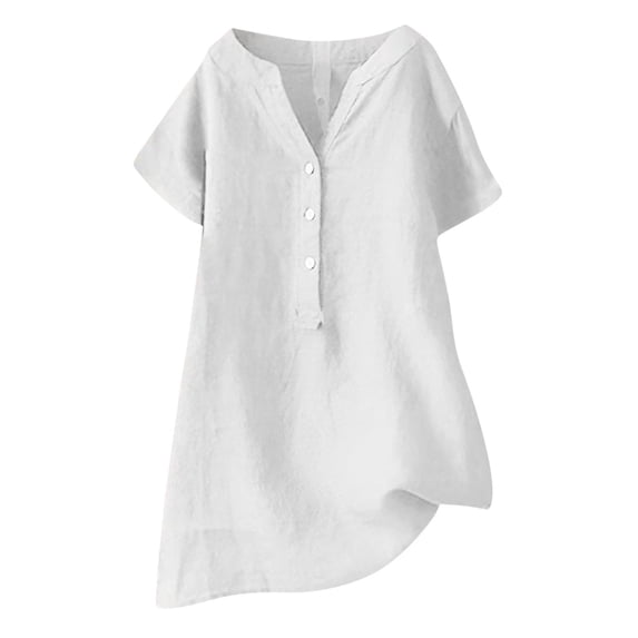 TMOYZQ Women's Plus Size Oversized Cotton Linen Shirts Casual Loose Short Sleeve V Neck Buttons Solid Color T Shirt Tunic Tops Summer Beach Cover Ups Blouse