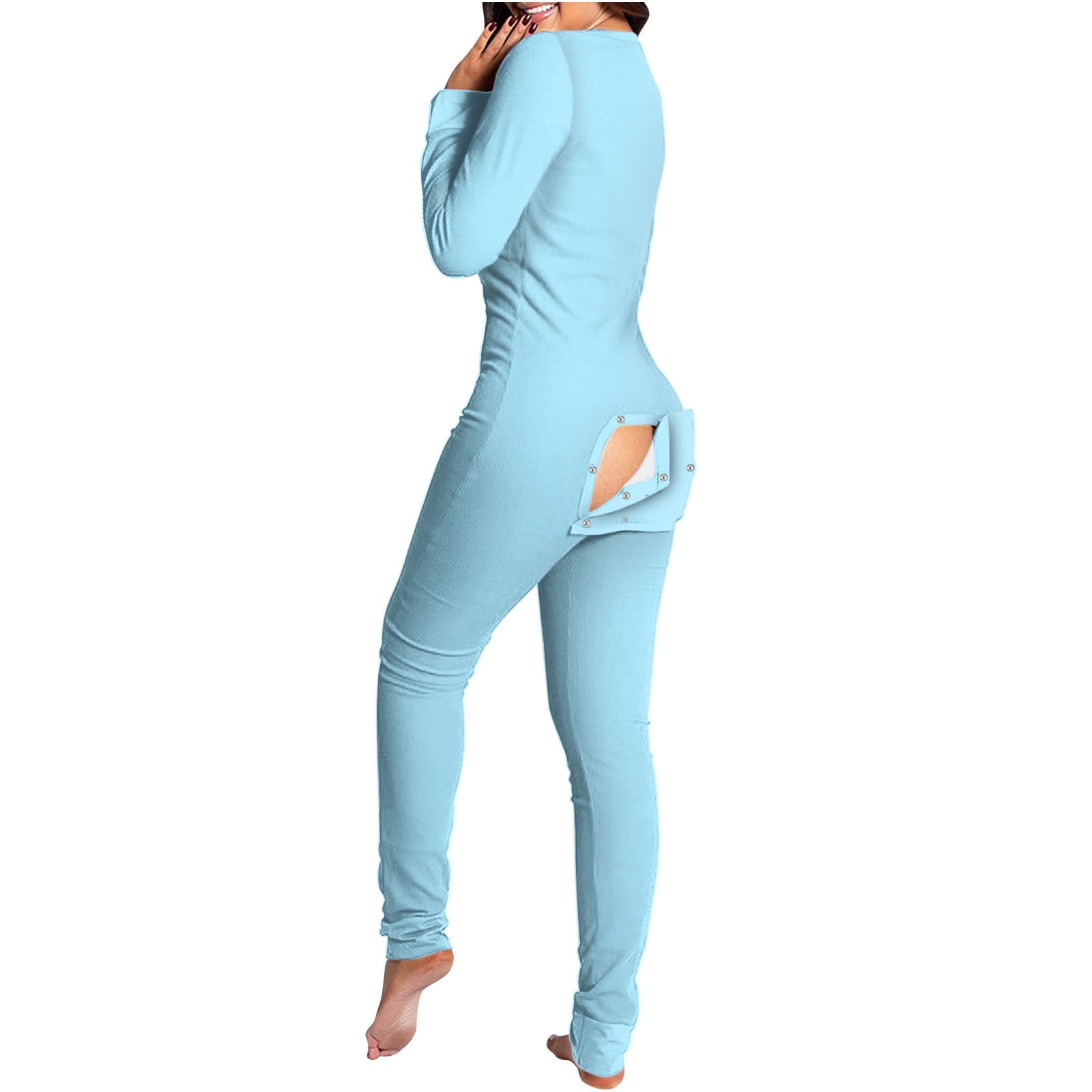 Tmoyzq Womens Plus Size Sexy Jumpsuit Sleepwear Long Sleeve Onesies Pajamas V Neck Buttons 7579