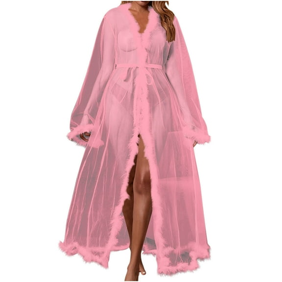 TMOYZQ Women's Plus Size Sheer Mesh Kimono Robe Furry Trim Babydoll Lingerie Chemise See Through Belted Bathrobe Nightgown Bridal Bridesmaid Wedding Party Gown Beach Bikini Cover Up