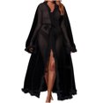 thumbnail image 1 of TMOYZQ Women's Plus Size Sheer Mesh Kimono Robe Furry Trim Sexy Babydoll Lingerie Chemise See Through Belted Bathrobe Nightgown Bridal Bridesmaid Wedding Party Gown Beach Bikini Cover Up, 1 of 5