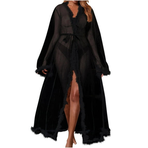 TMOYZQ Women's Plus Size Sheer Mesh Kimono Robe Furry Trim Sexy Babydoll Lingerie Chemise See Through Belted Bathrobe Nightgown Bridal Bridesmaid Wedding Party Gown Beach Bikini Cover Up