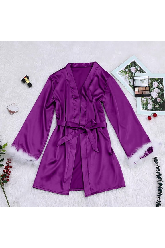 Women's Plus Size Silk Satin Night Robes Wedding Bridal Party Fuzzy Sleeve Kimono Bathrobe Sexy V Neck Comfy Sleepwear with Belt, Gifts on Clearance, S-4XL