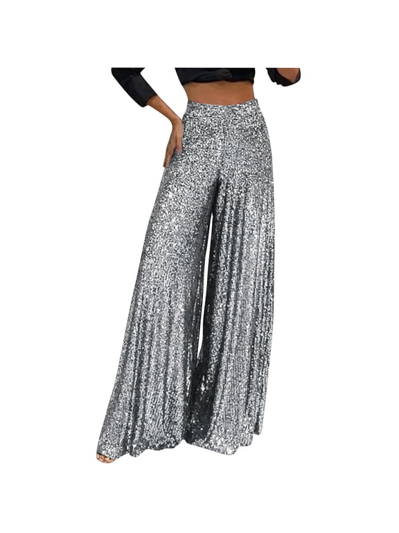 TMOYZQ Women's Plus Size Sparkly Glitter Bling Sequin Palazzo Pants Casual Loose High Waist Wide Leg Shiny Long Pants Baggy Trousers Party Clubwear