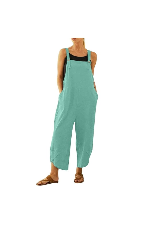 Women's Plus Size Summer Lightweight Bib Overalls Casual Loose Sleeveless One Piece Jumpsuits Tulip Hem Wide Leg Capri Pants Baggy Rompers with Pockets