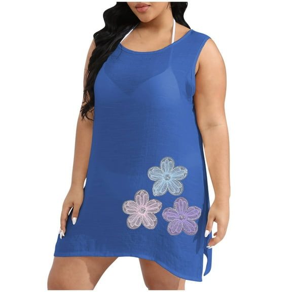 TMOYZQ Women's Plus Size Swimsuit Cover Up Sleeveless Scoop Neck Bathing Suit Beach Coverups Dress