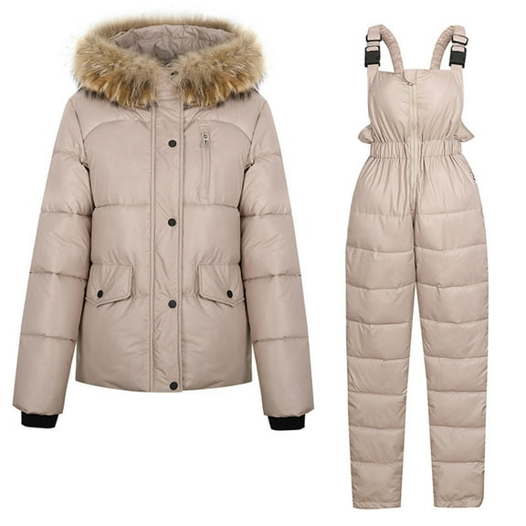 TMOYZQ Women's Puffer Ski Jackets and Overalls Jumpsuits Set 2 Piece Snowboarding Snowsuits Warm Winter Insulated Waterproof Windproof Hooded Snow Coat with Coveralls Outfits