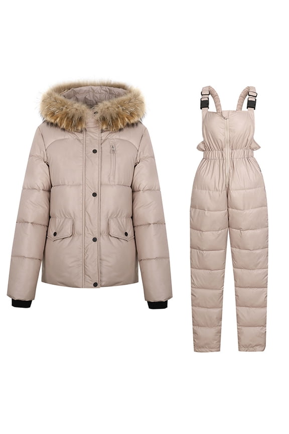 TMOYZQ Women's Puffer Ski Jackets and Overalls Jumpsuits Set 2 Piece Snowboarding Snowsuits Warm Winter Insulated Waterproof Windproof Hooded Snow Coat with Coveralls Outfits
