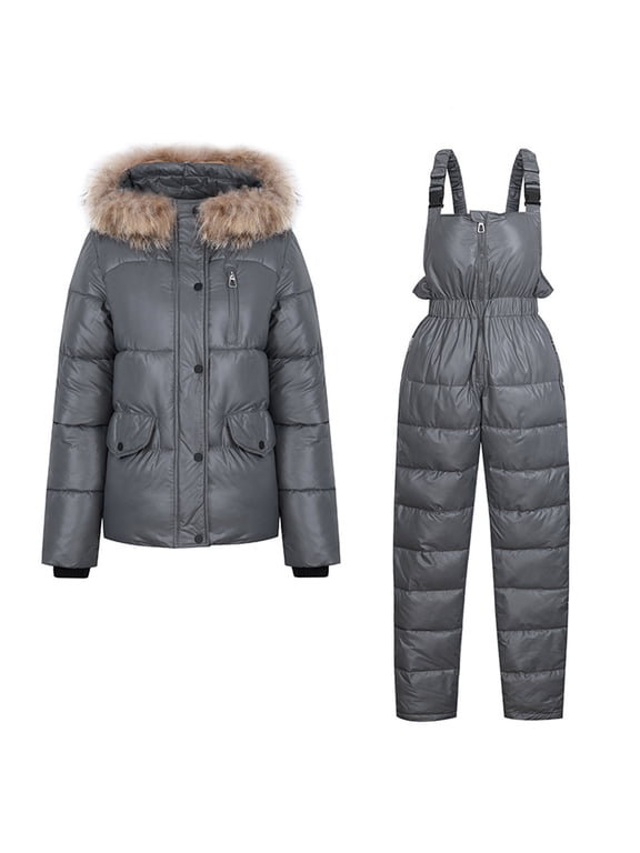 TMOYZQ Women's Puffer Ski Jackets and Overalls Jumpsuits Set 2 Piece Snowboarding Snowsuits Warm Winter Insulated Waterproof Windproof Hooded Snow Coat with Coveralls Outfits