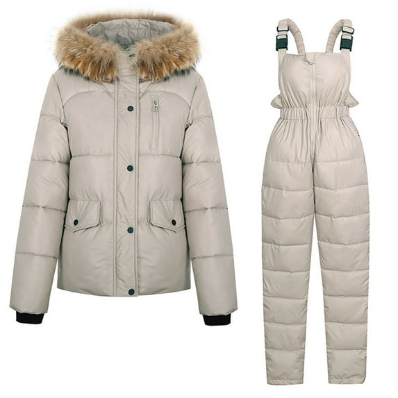 TMOYZQ Women's Puffer Ski Jackets and Overalls Jumpsuits Set 2 Piece Snowboarding Snowsuits Warm Winter Insulated Waterproof Windproof Hooded Snow Coat with Coveralls Outfits