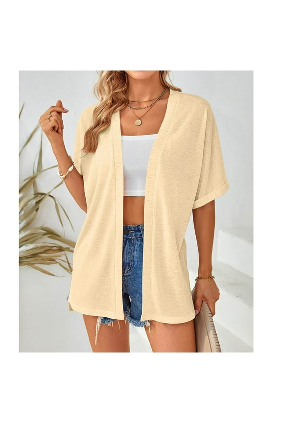Women's Rolled Short Sleeve Beach Cover Ups Lightweight Open Front Kimono Cardigan Casual Summer Loose Bikini Cardigan Outerwear Bathing Suit Cover Up