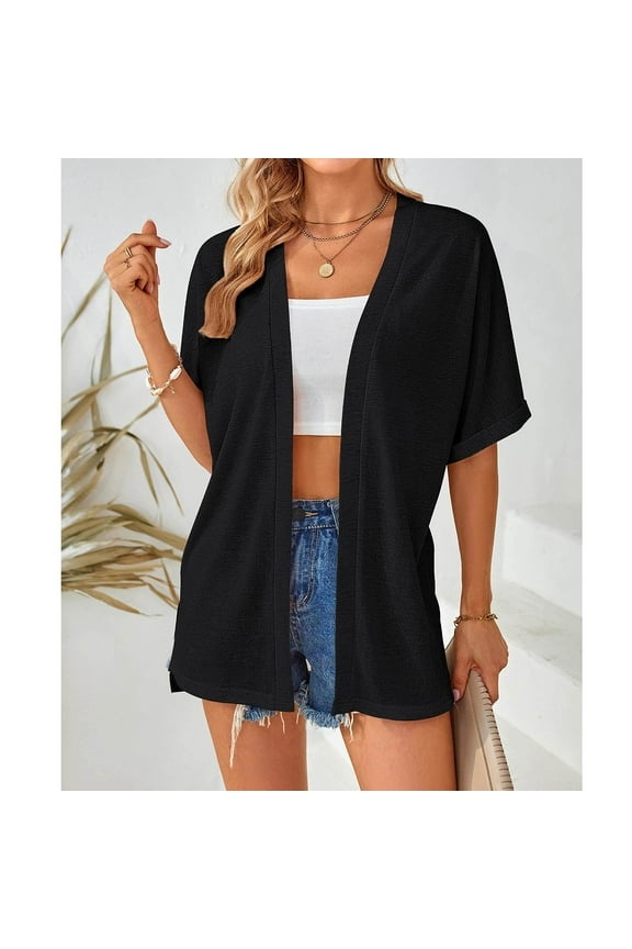 Women's Rolled Short Sleeve Beach Cover Ups Lightweight Open Front Kimono Cardigan Casual Summer Loose Bikini Cardigan Outerwear Bathing Suit Cover Up