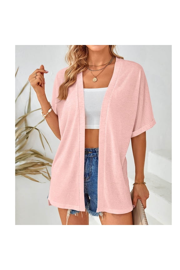 Women's Rolled Short Sleeve Beach Cover Ups Lightweight Open Front Kimono Cardigan Casual Summer Loose Bikini Cardigan Outerwear Bathing Suit Cover Up