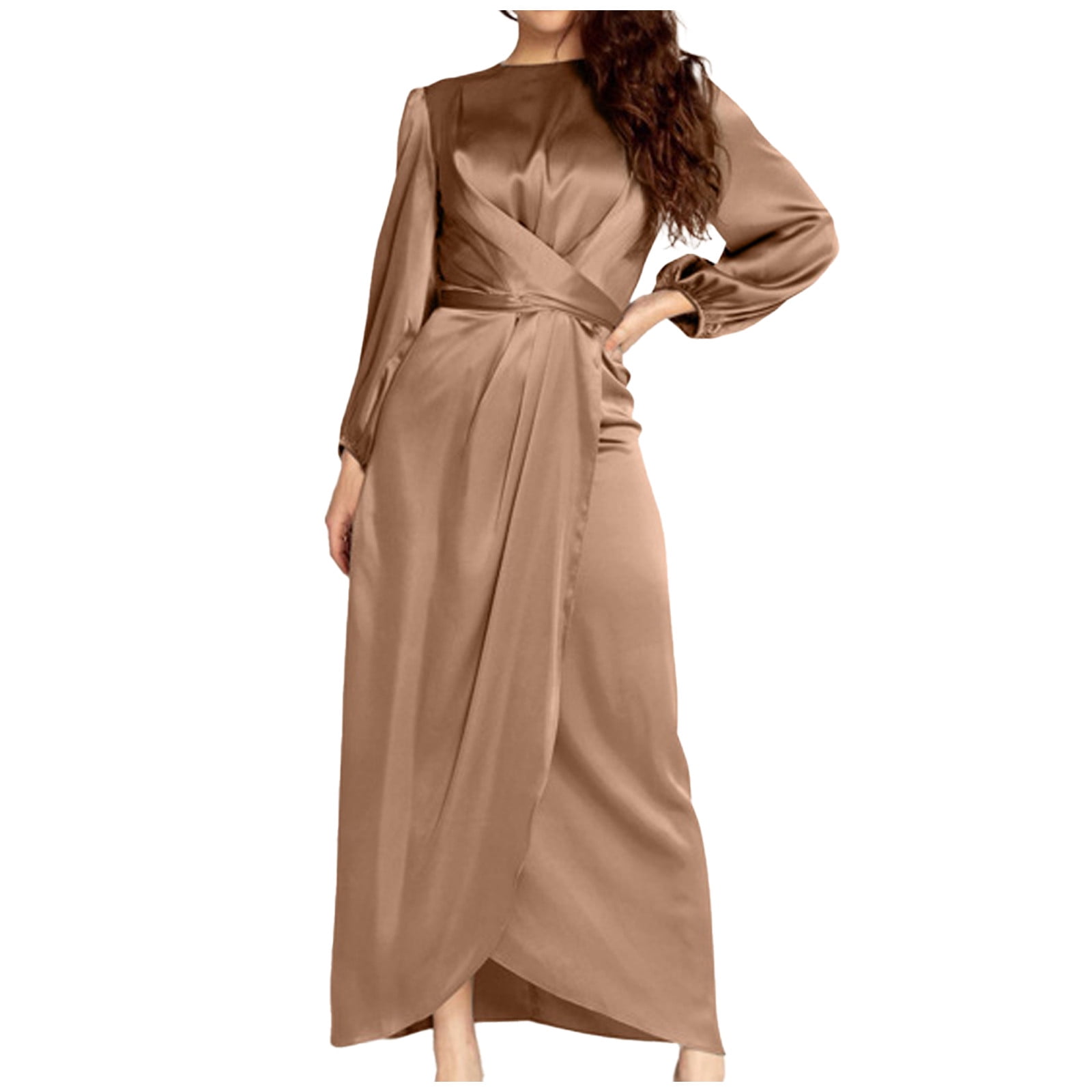 TMOYZQ Women's Satin Dress Long Sleeve Empire Waist Formal Wedding