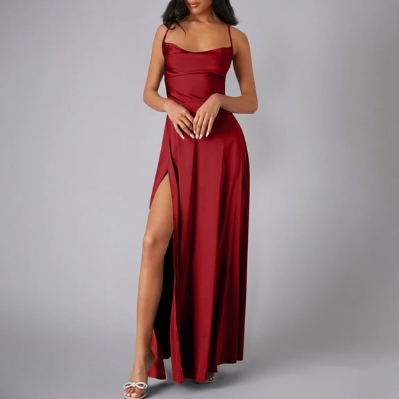 TMOYZQ Women's Satin Prom Dress with Slit Long Spaghetti Strap Cowl Neck Formal Evening Cocktails Party Gowns Wedding Guest Dresses for Women