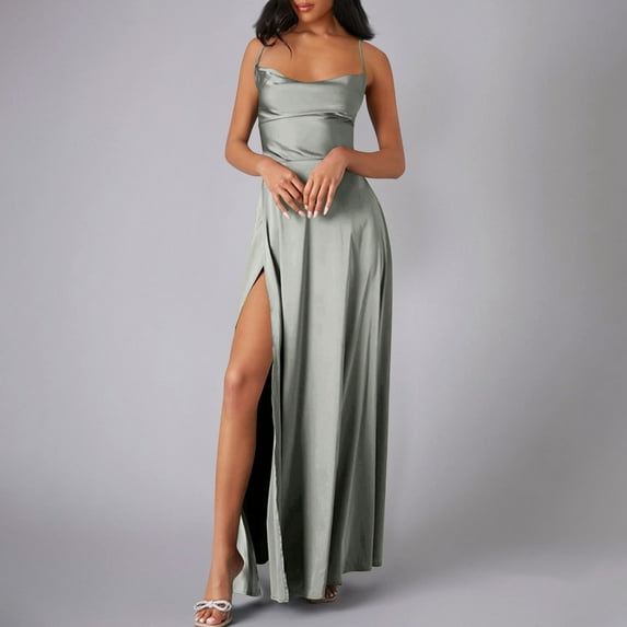 TMOYZQ Women's Satin Prom Dress with Slit Long Spaghetti Strap Cowl Neck Formal Evening Cocktails Party Gowns Wedding Guest Dresses for Women
