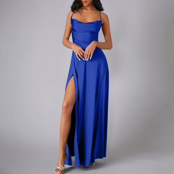 TMOYZQ Women's Satin Prom Dress with Slit Long Spaghetti Strap Cowl Neck Formal Evening Cocktails Party Gowns Wedding Guest Dresses for Women