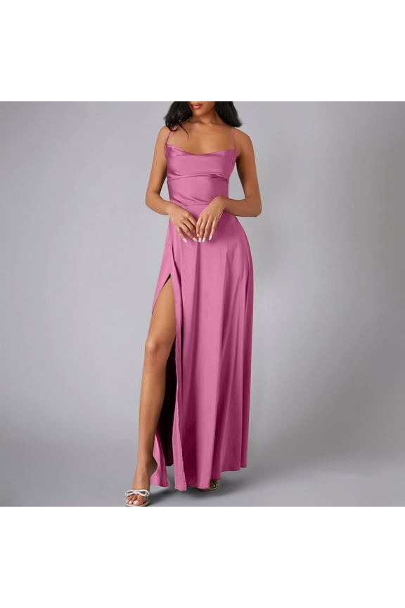 Women's Satin Prom Dress with Slit Long Spaghetti Strap Cowl Neck Formal Evening Cocktails Party Gowns Wedding Guest Dresses for Women