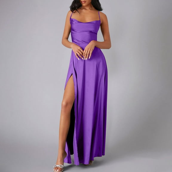 TMOYZQ Women's Satin Prom Dress with Slit Long Spaghetti Strap Cowl Neck Formal Evening Cocktails Party Gowns Wedding Guest Dresses for Women