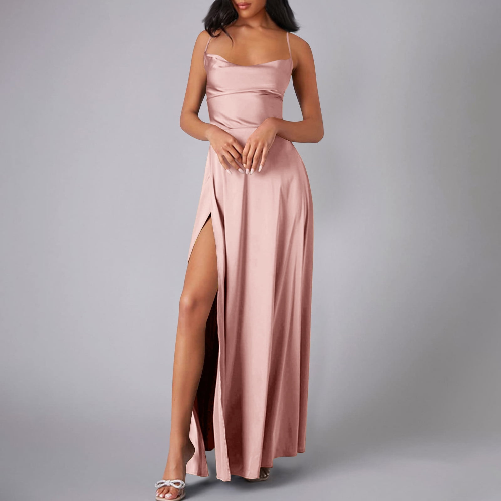 TMOYZQ Women's Satin Prom Dress with Slit Long Spaghetti Strap Cowl — free download