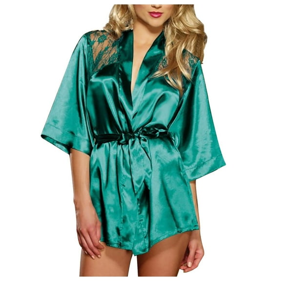TMOYZQ Women's Satin Robe Lace Valentines Nightgown for Women Kimono Bathrobes Short Belted Robes Bride Bridesmaids Sleepwear on Clearance